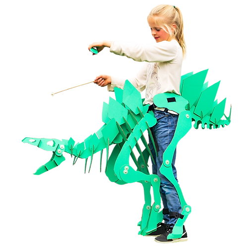 The green stegosaurus suit worn by a blonde child.