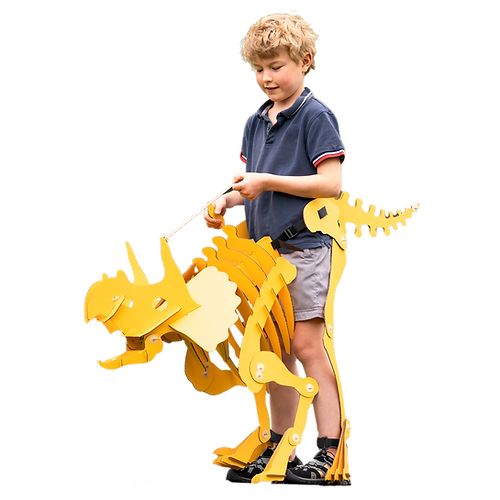 The yellow triceratops shaped suit worn by a blonde child.