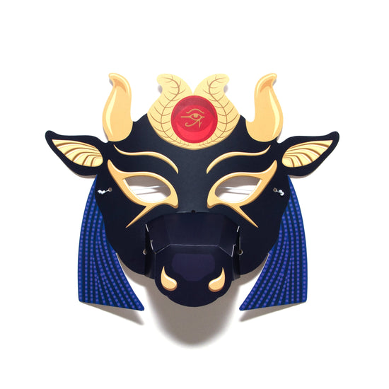 Load image into Gallery viewer, Hathor head mask in the shape of a cow with a round disc between the horns.

