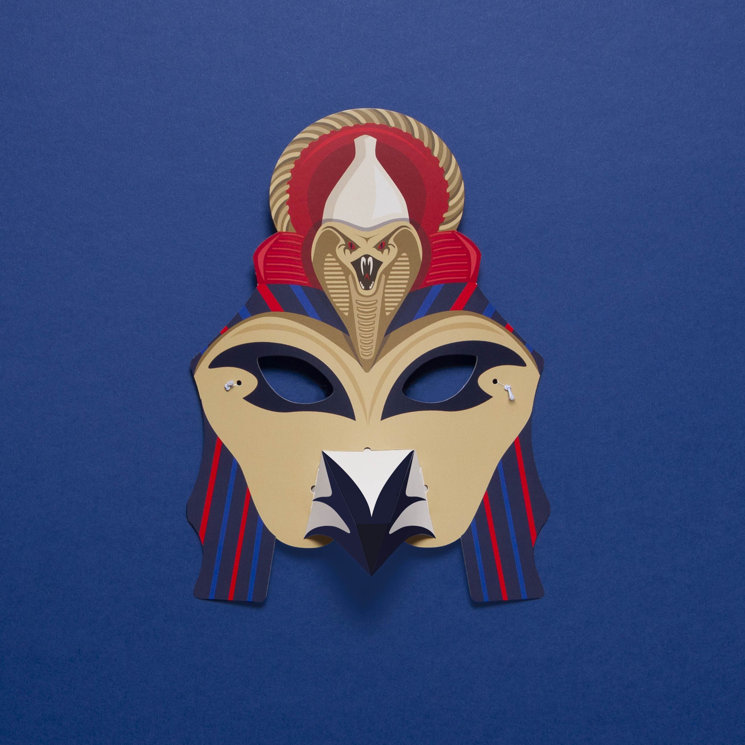 Horus mask in golden colours with a serpent head springing from between the eyes.