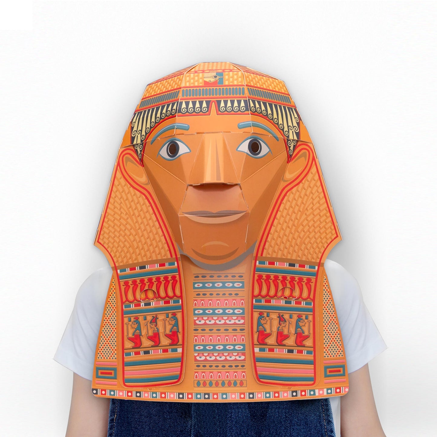 Load image into Gallery viewer, The assembled headmask shown worn by a child, only the shoulders and arms are visible under the mask.
