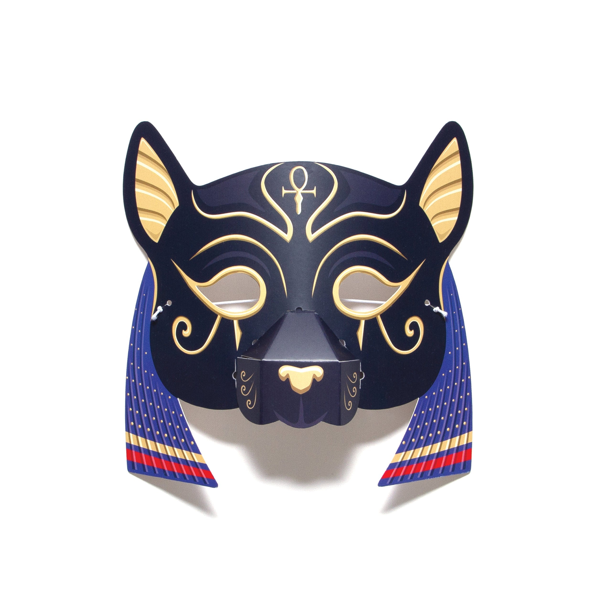 Bastet head mask with pointy short ears and blue hair.