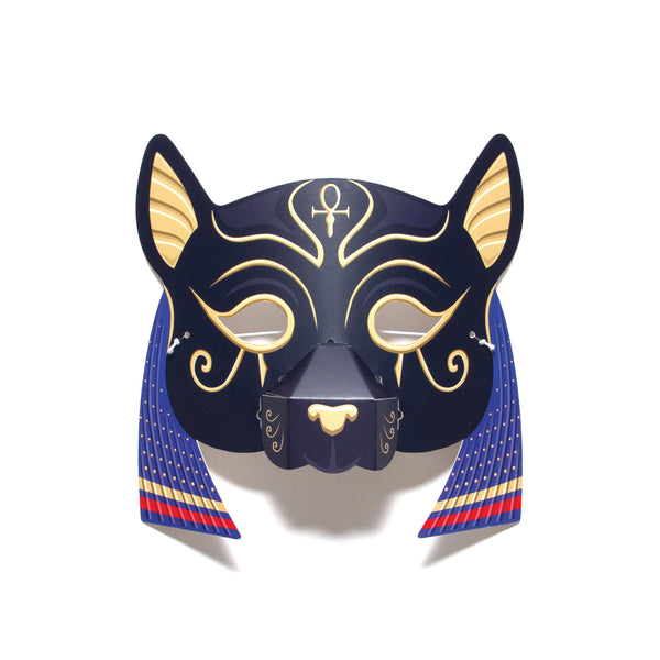Bastet head mask with pointy short ears and blue hair.
