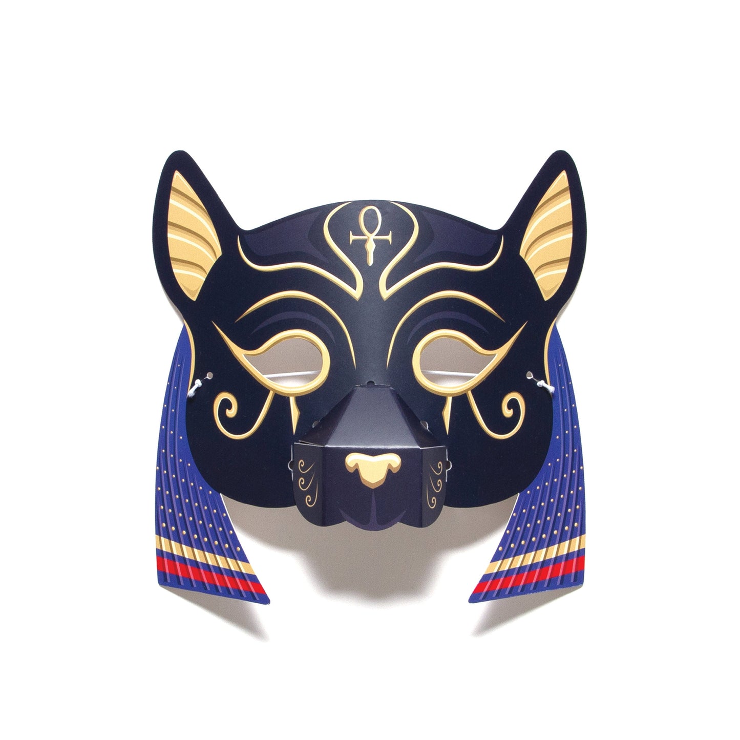 Bastet head mask with pointy short ears and blue hair.