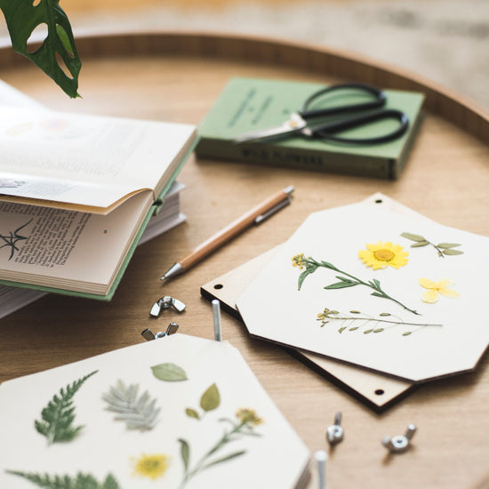 Lifestyle Shot of a flower press, some scissors and a book on a round wooden table