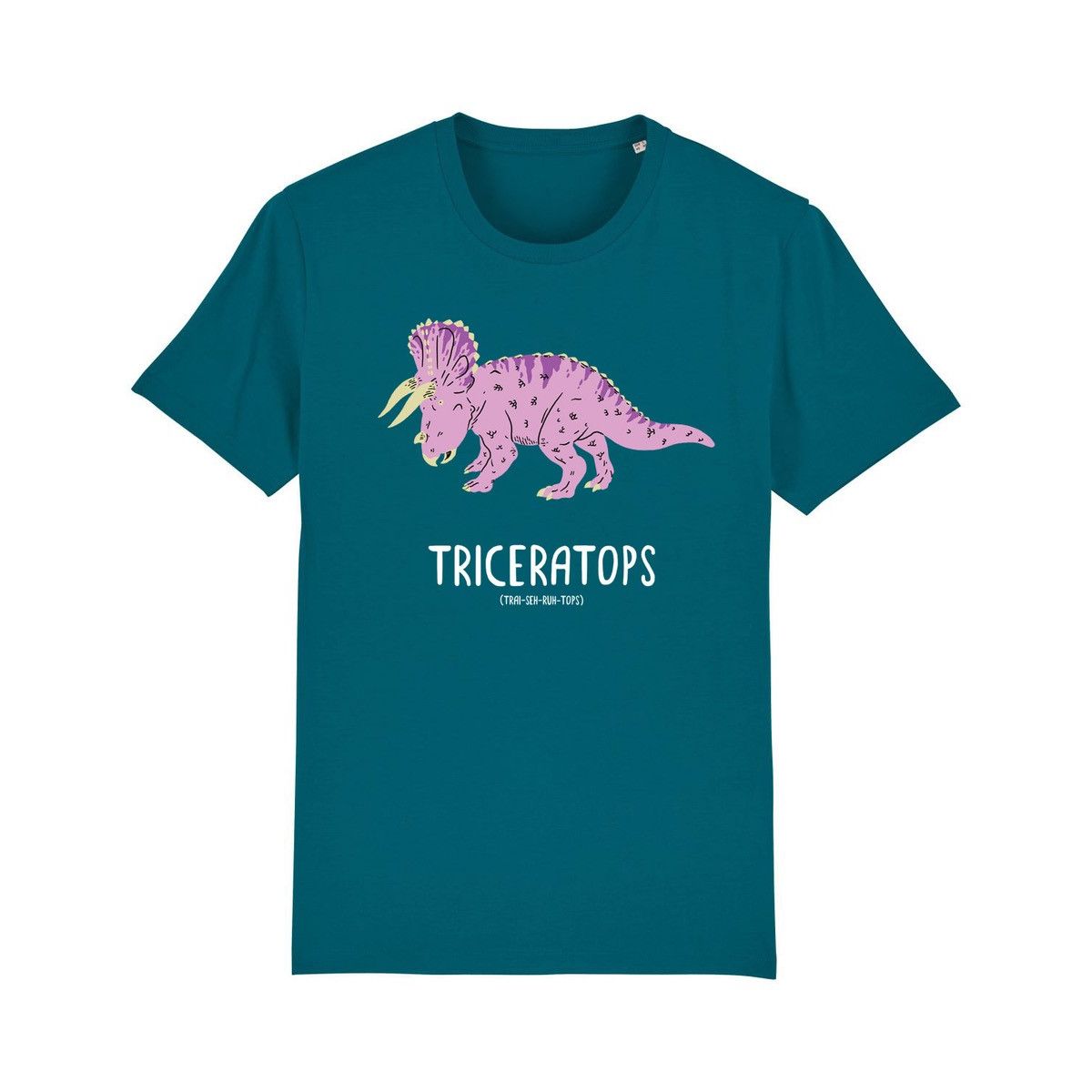Teal shirt with a pink illustrated triceratops printed on the chest. Underneath the dinosaur the name and pronunciation are written in white.