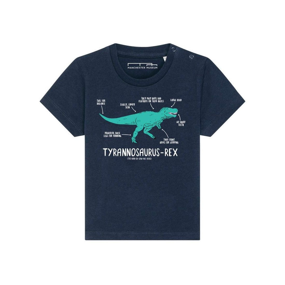 Load image into Gallery viewer, Navy shirt with a turquoise illustrated t-rex printed on the chest. Underneath the dinosaur the name and pronunciation are written in white.
