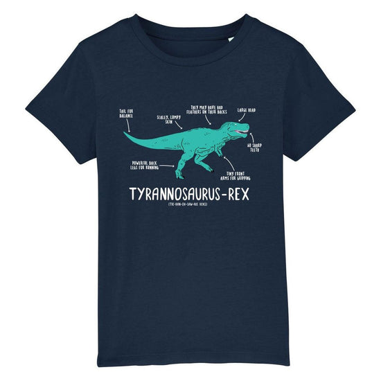 Navy shirt with a turquoise illustrated t-rex printed on the chest. Underneath the dinosaur the name and pronunciation is written in white.