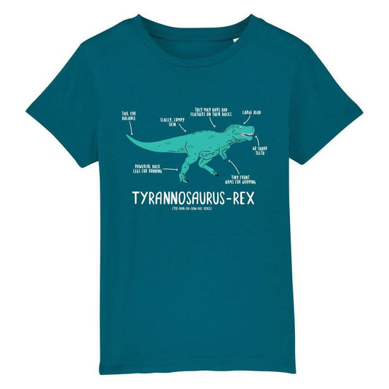 Teal shirt with a turquoise illustrated t-rex printed on the chest. Underneath the dinosaur the name and pronunciation are written in white