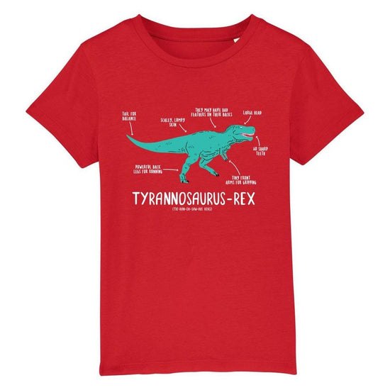 Bright red shirt with a turquoise illustrated t-rex printed on the chest. Underneath the dinosaur the name and pronunciation are written in white.