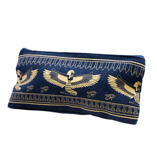Egyptian inspired denim pencil case against white background. Egyptian-style figures and hyroglyphics gold embroidery