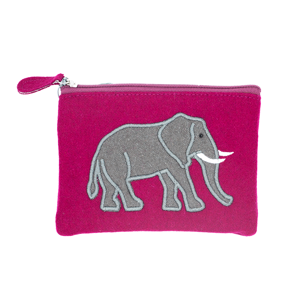 Dark fuschia felt purse with an embroidered grey elephant on the front.