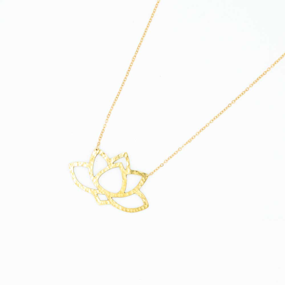 Brass Lotus statement necklace with the chain vanishing off on the right.