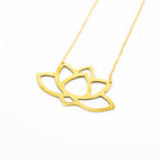 Brass Lotus statement necklace close up.