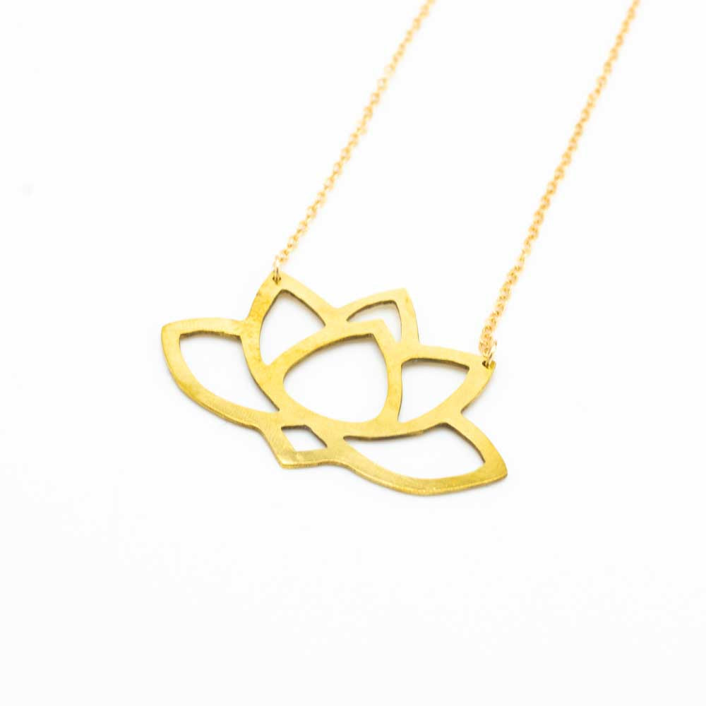 Brass Lotus statement necklace close up.