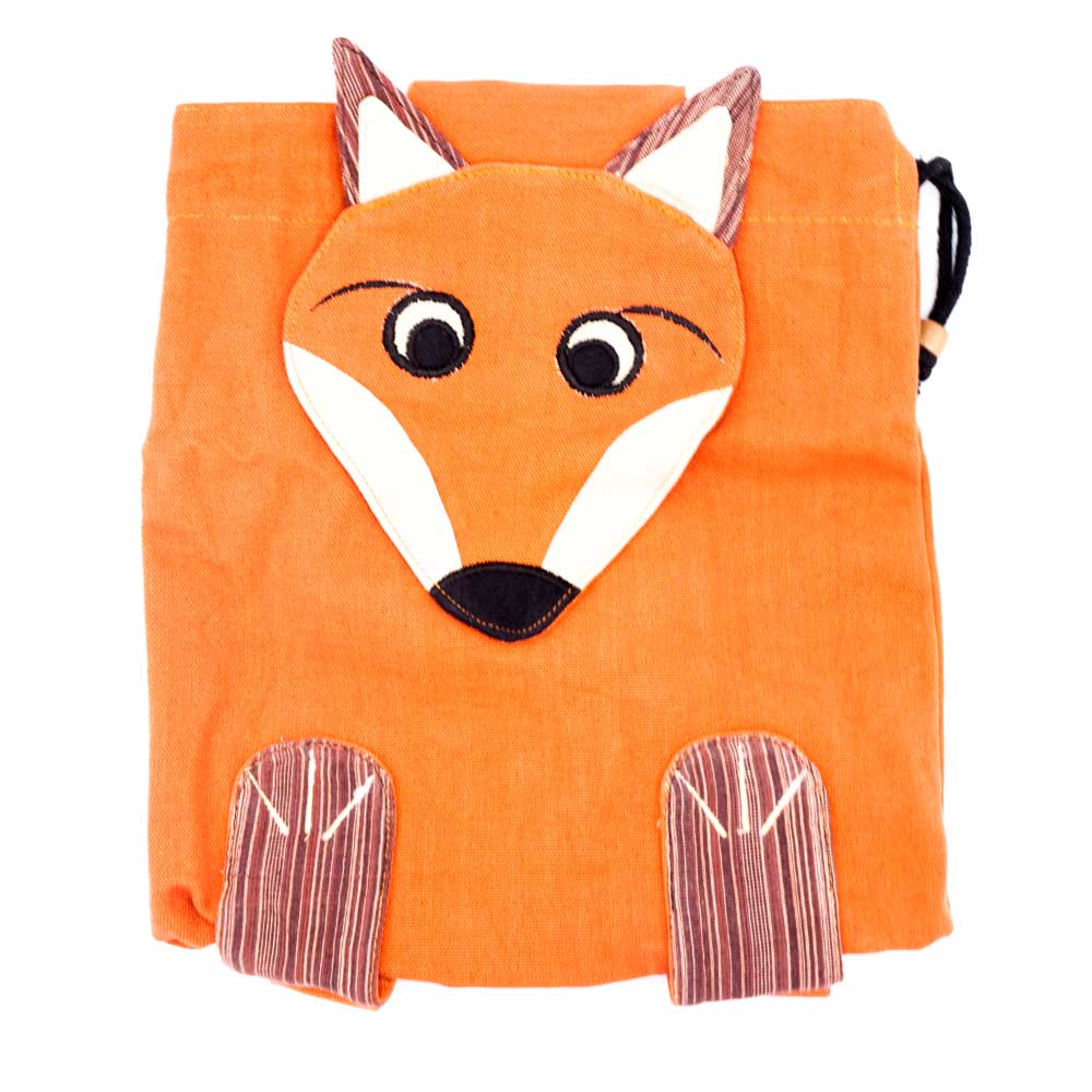 Load image into Gallery viewer, The red fox backpack with fox face shaped closure flap and little feet attached on the bottom. Front view.
