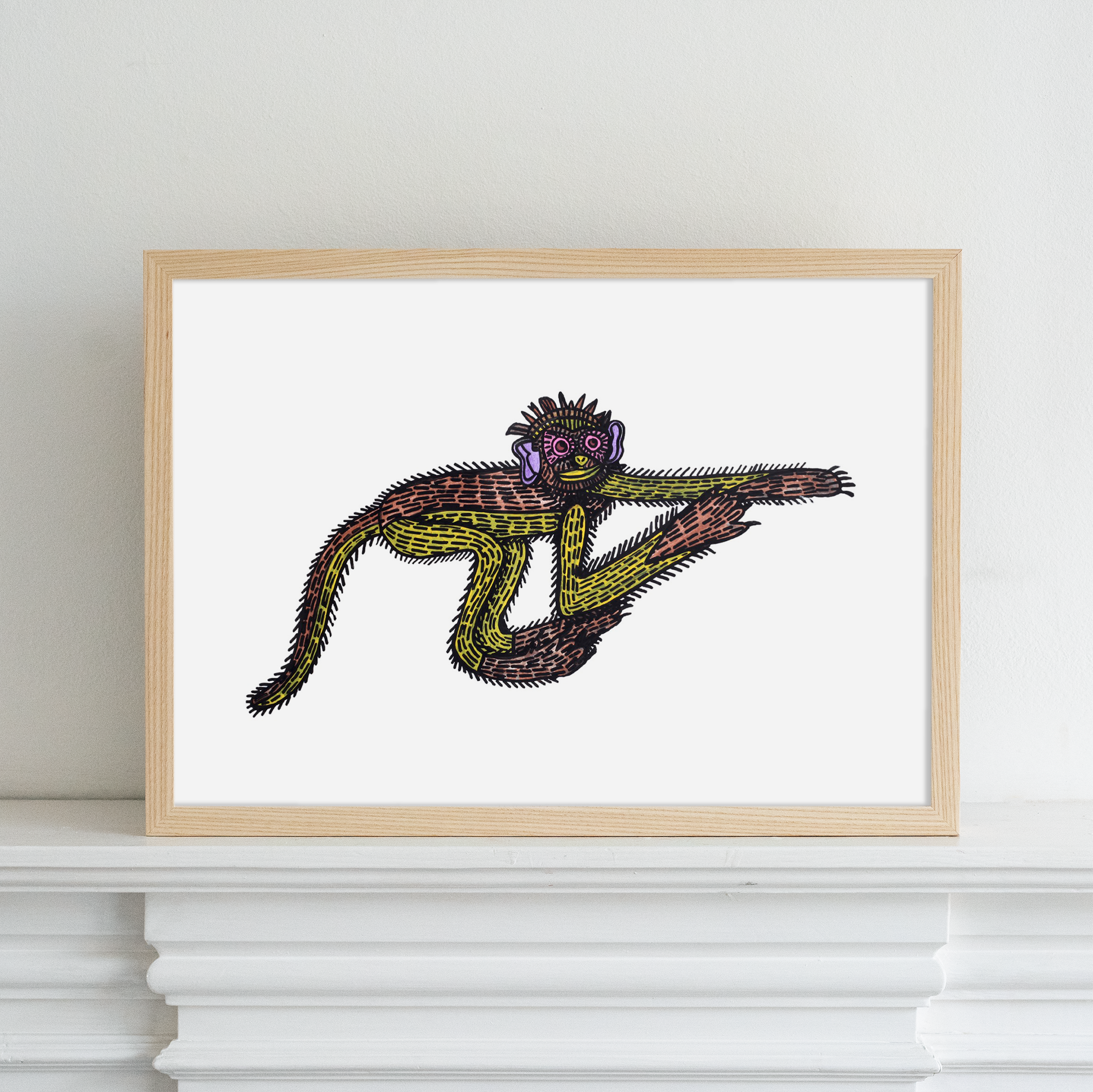 Framed limited edition artwork of a monkey by Andrew Johnstone