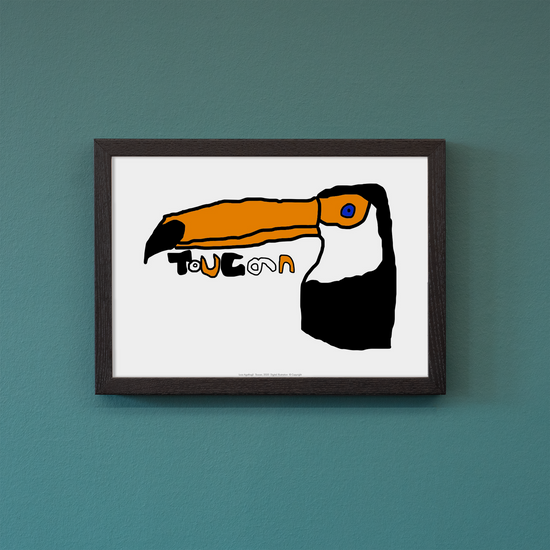 Framed artwork of a Toucan photographed against a blue background