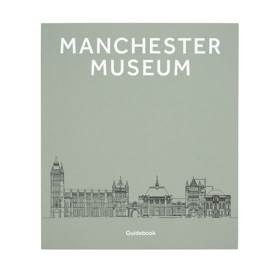 The grey with white text cover. Sans serif font at the top reads Manchester Museum and in smaller at the bottom, guidebook. A black illustration of the museum front is near the bottom