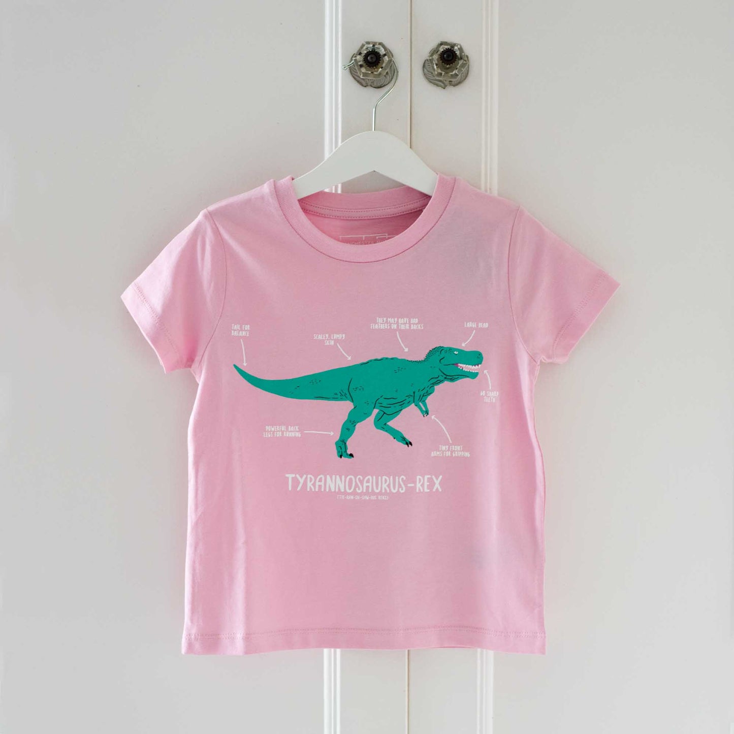 Load image into Gallery viewer, Pale pink shirt with a turquoise illustrated t-rex printed on the chest. Underneath the dinosaur the name and pronunciation are written in white.
