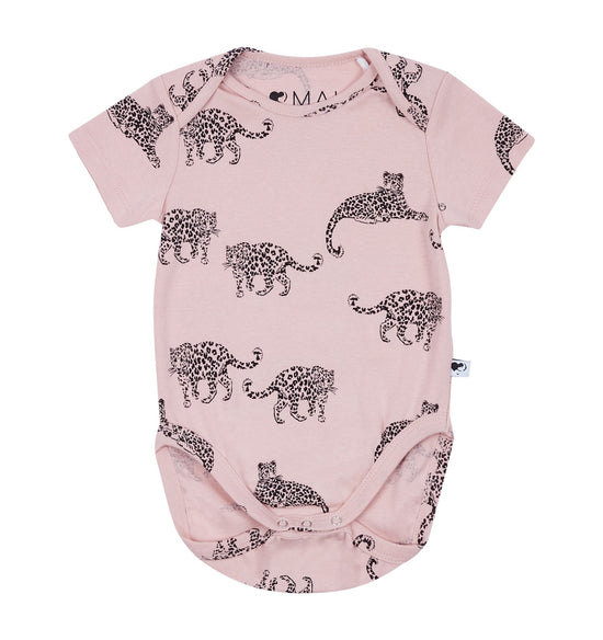 The pale pink baby bodysuit with short sleeves and leopard outline print against a white background.