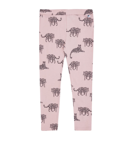 The pale pink leggings with leopard outline print against a white background.