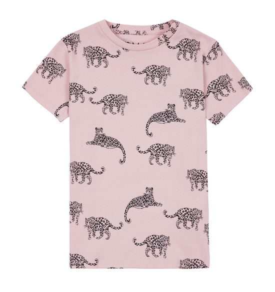 The pale pink t-shirt with leopard outline print against a white background.