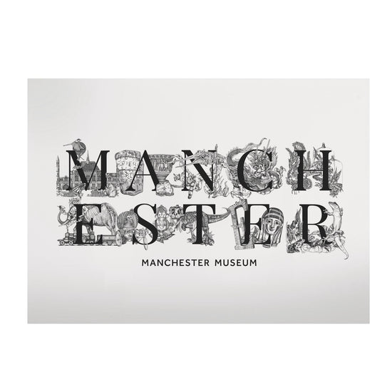 Manchester print with a few key illustrations from the museum tiles range behind or around each letter.