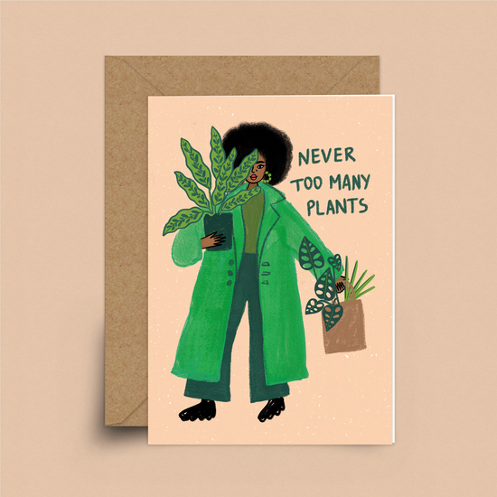 Nude pink card with a person wearing a large green overcoat and carrying one potted plant in one arm and holding a brown bag with more plants sticking out in the other.