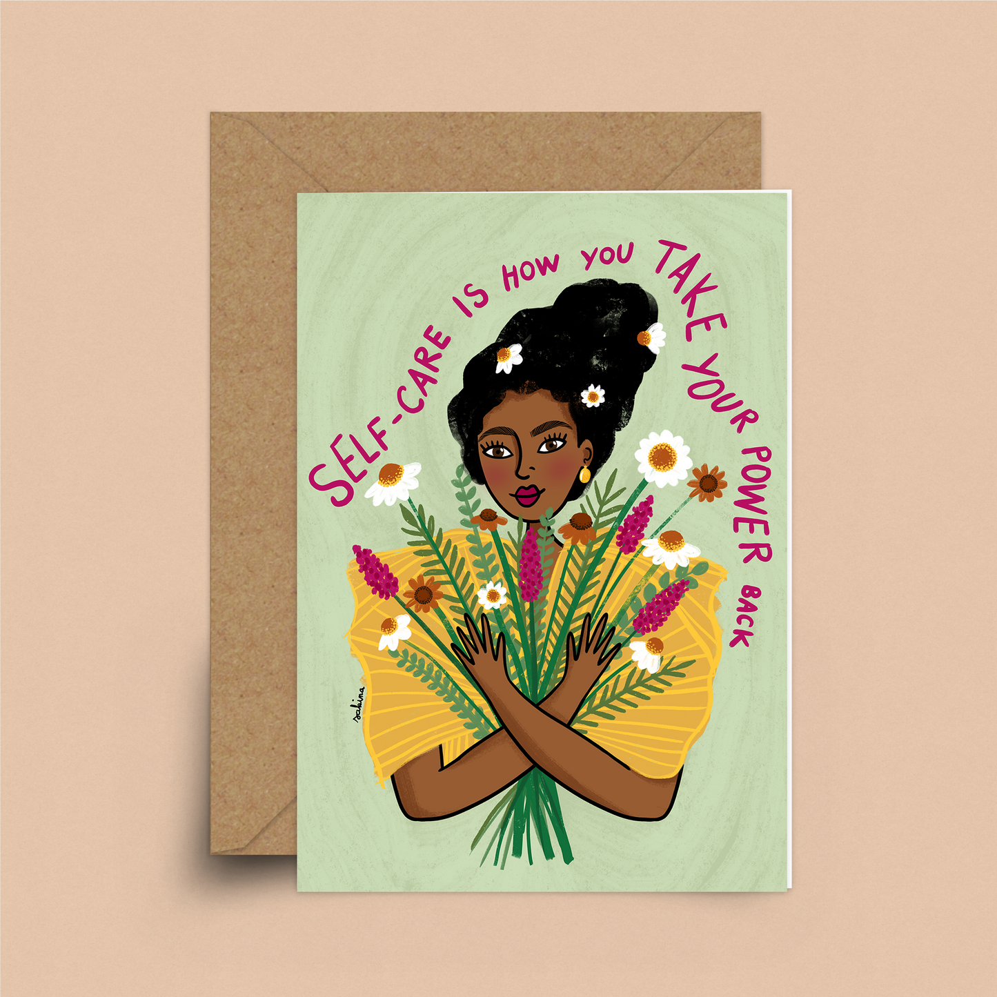 Sage green card with a person holding a big bouquet of mixed flowers. Purple text wraps around the figure saying, self-care is how you take your power back.