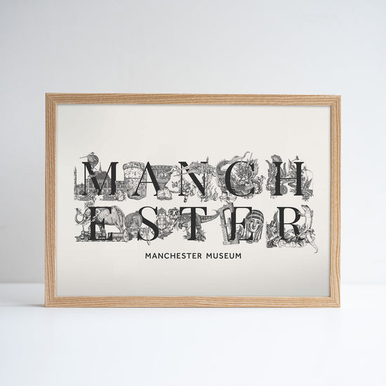 Natural ash wood coloured framed Manchester print with a few key illustrations from the museum tiles range behind or around each letter.