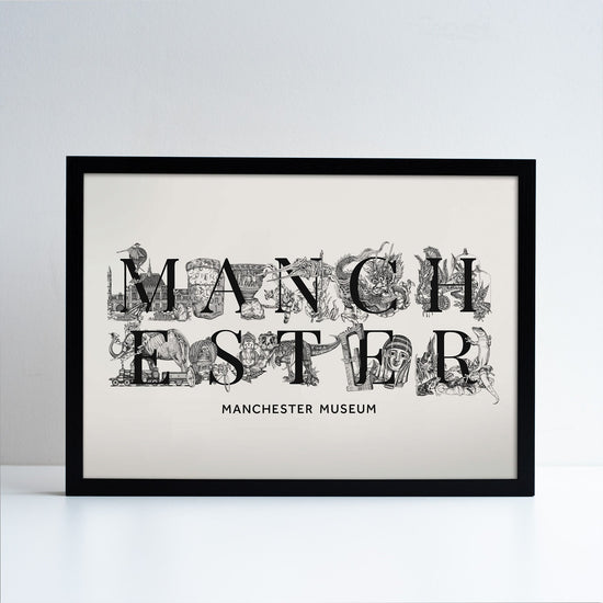Load image into Gallery viewer, Black framed Manchester print with a few key illustrations from the museum tiles range behind or around each letter.
