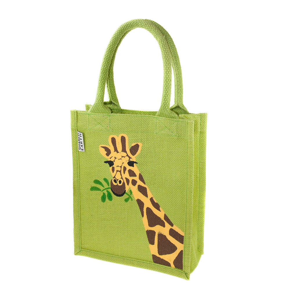 Slightly angled frontal view of the green jute bag with a giraffe head and neck design.