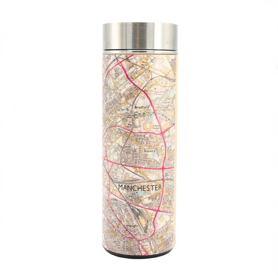 Load image into Gallery viewer, bamboo wooden flask features a map design of Manchester. 
