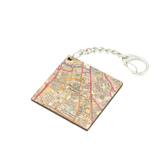 hardwood square magnet keyring features a map design of the local area to the museum