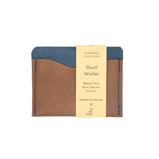 Image of a two tone brown and navy wallet against a white background - with care label.