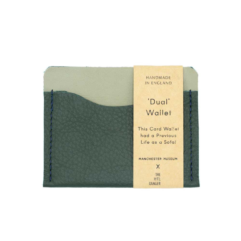 Load image into Gallery viewer, Image of a two tone green wallet against a white background - with care label.
