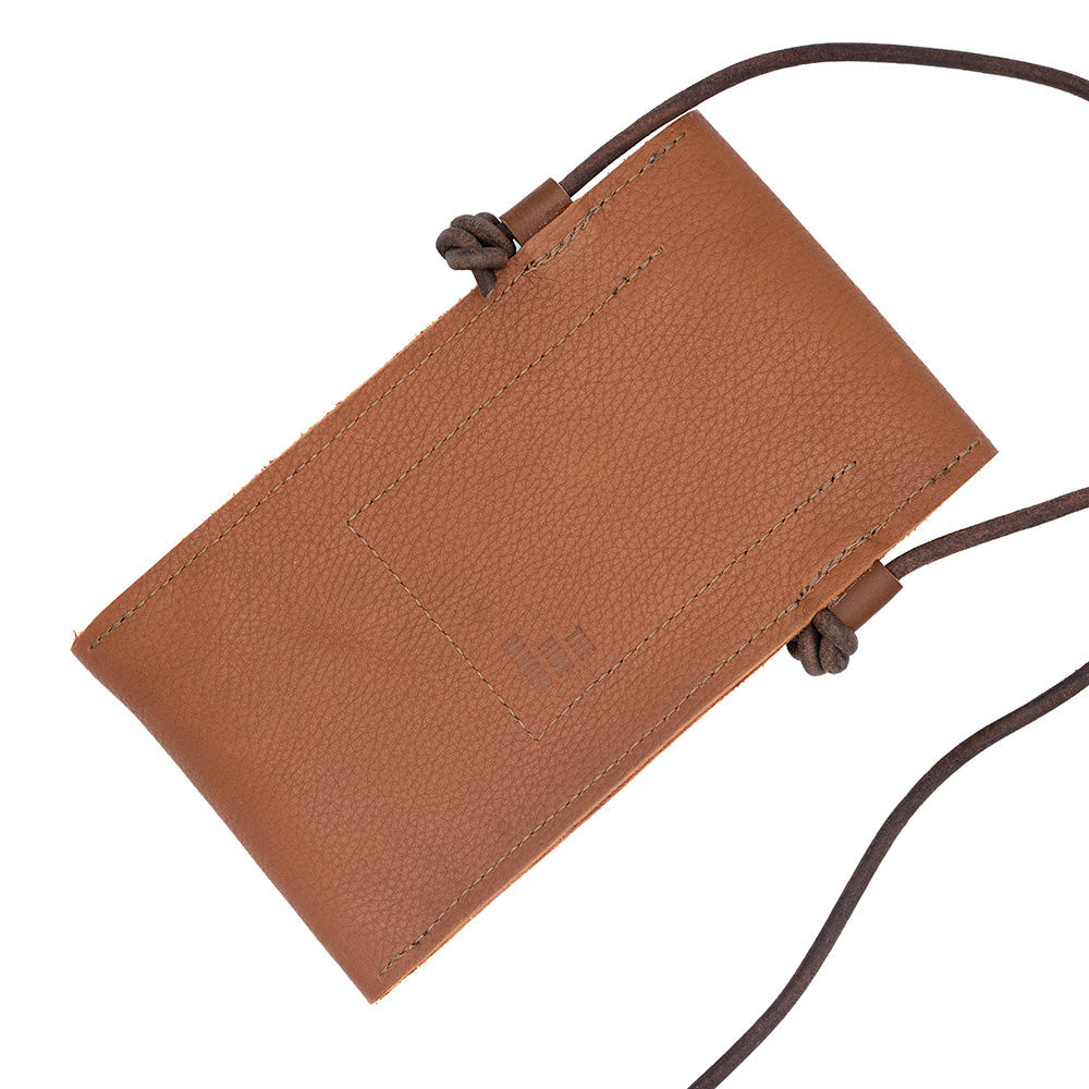 Back view of the brown leather phone bag.
