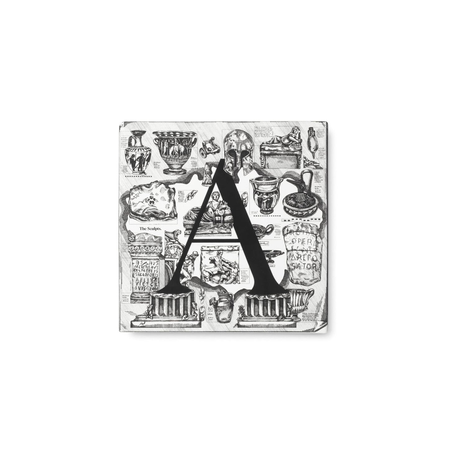 Letter A tile by the Sculpts the feet of the capital A rests on the sketched ruins of dorian columns. Around the A is scattered a mixture of artefacts from our collection.