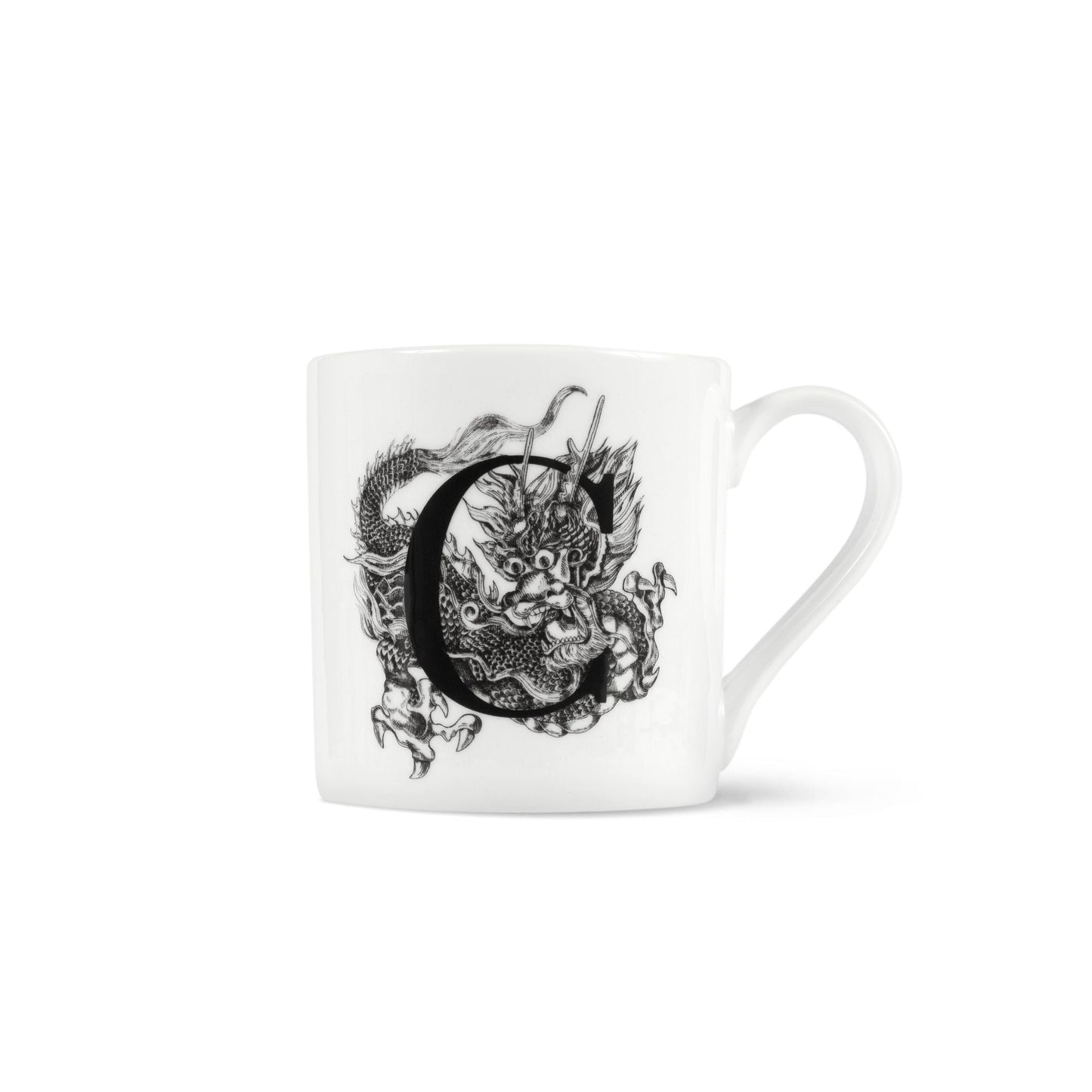 Letter C mug with simplified illustration showing a Chinese dragon.