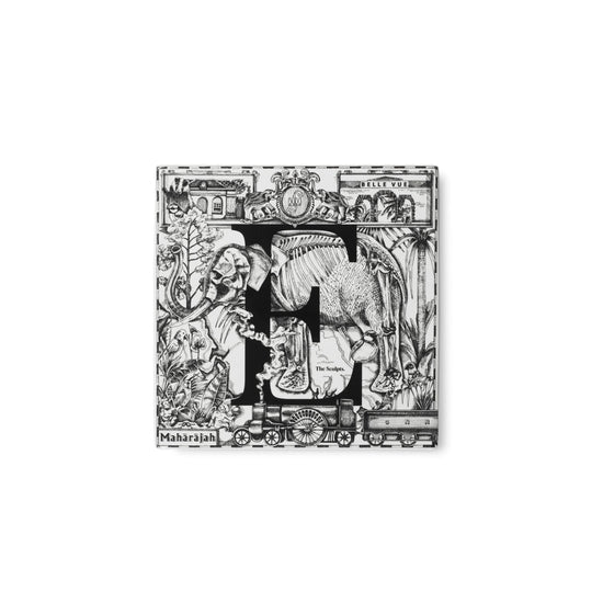 Elephant E letter tile with Maharajah's skeleton behind the central, black E letter. At the bottom is a train to symbolise how Maharajah was supposed to get to Manchester and objects and animals form Belle Vue Zoo are shown around focal points.