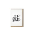 Letter R card with simplified rainforest illustration with a gecko in the front and frogs at the bottom and behind on the left.