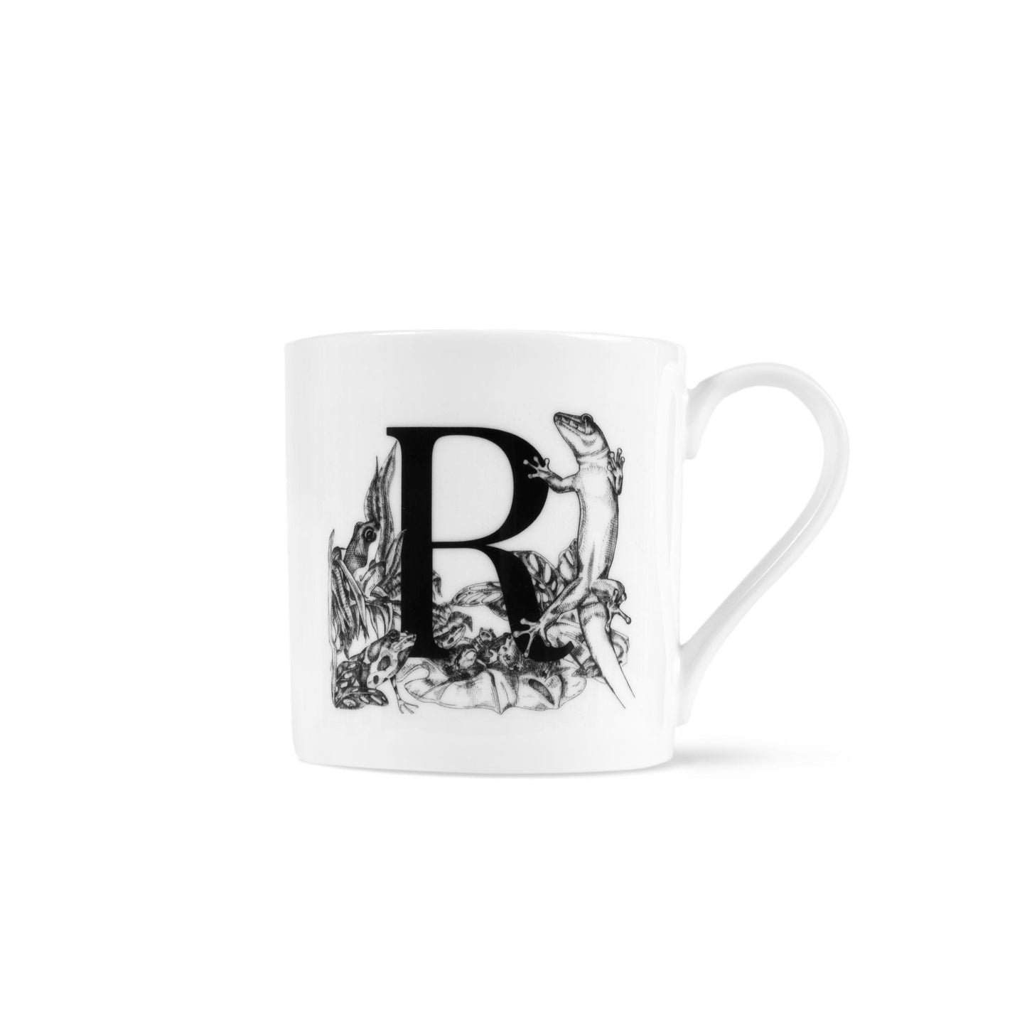 Letter R mug with the simplified tile design with a gecko in the front and frogs to the left and bottom of the R.
