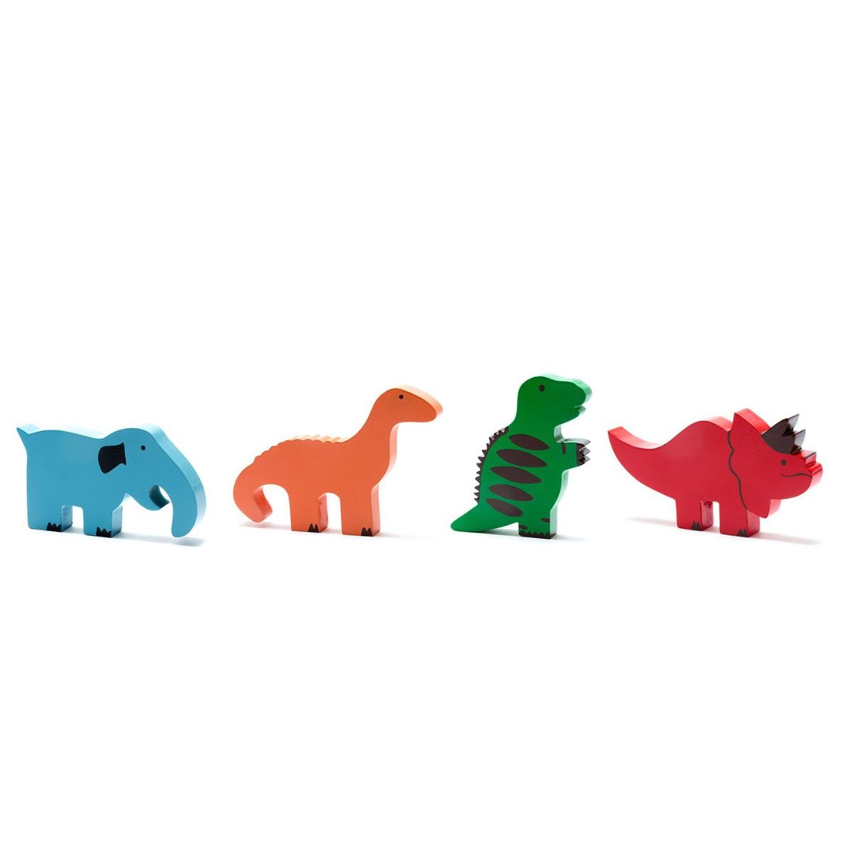 The four available wooden toys from Best Years. From left to right, a blue mammoth, an orange diplodocus, a green t. rex and a red triceratops.