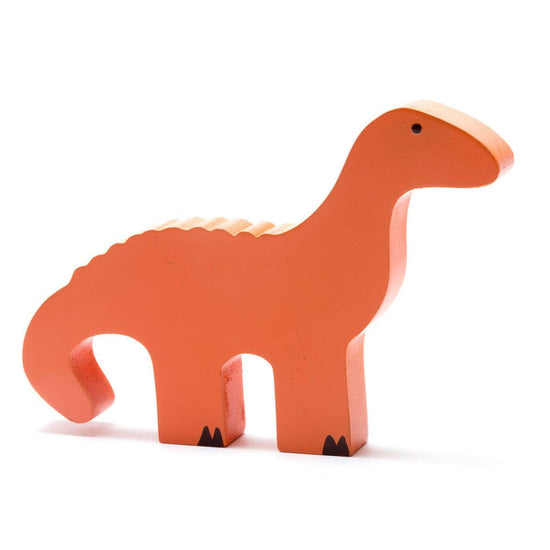 The orange diplodocus wooden toy facing right.