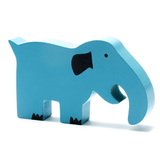 The blue mammoth wooden toy facing right.