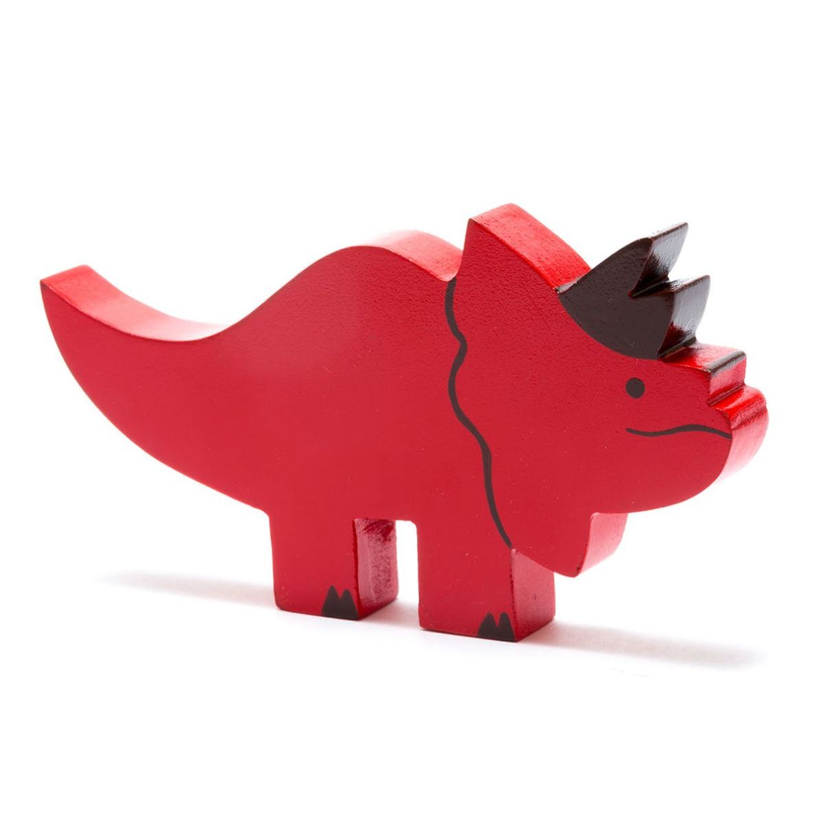 The red and dark brown Triceratops wooden toy facing right.
