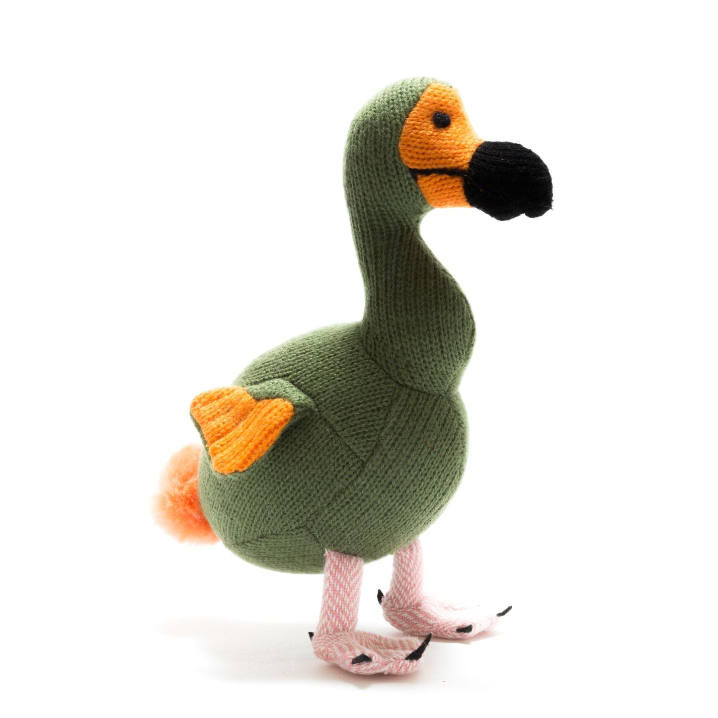 Moss green and orange dodo knitted toy against a white background.