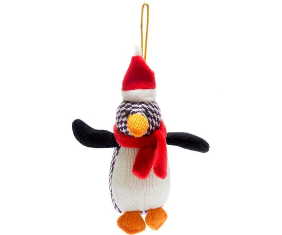 Penguin with a scarf and santa hat with a golden looped thread for hanging.