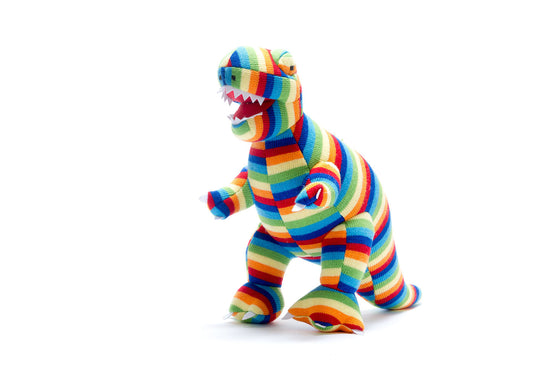 Rainbow striped T-rex knitted plush toy.